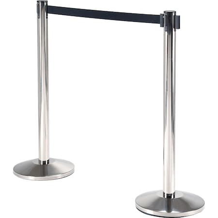 Retractable Belt Barrier, 40 Stainless Steel Post, 10' Black Belt